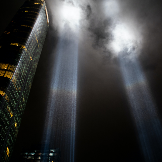 Eternal lights show where the Twin Towers once stood before terrorists took them down on 9/11/2001