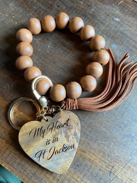 Army Wooden & Leather Heart Charm Bracelet with Keyring